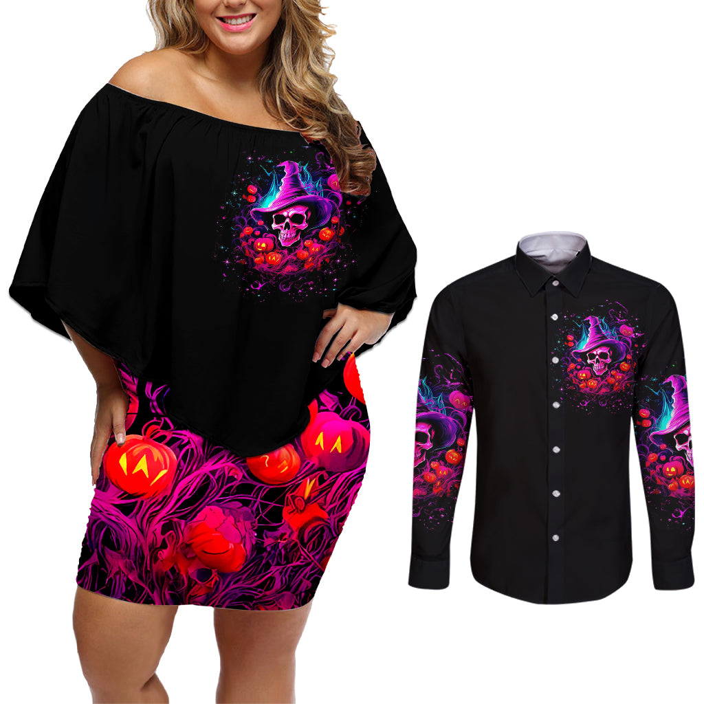 Witch Pumkin Skull Couples Matching Off Shoulder Short Dress and Long Sleeve Button Shirt Don't Try To Figure Me Out I'm A Special - Wonder Print Shop