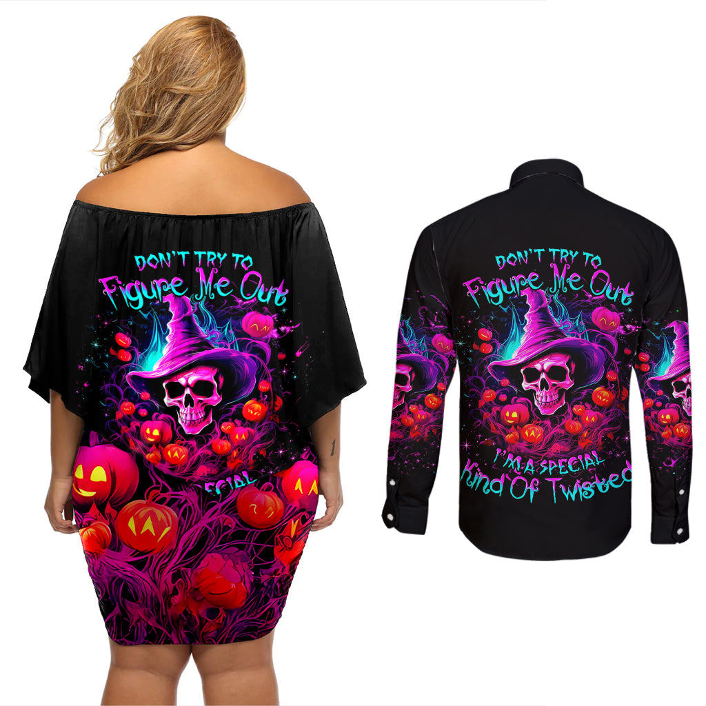 Witch Pumkin Skull Couples Matching Off Shoulder Short Dress and Long Sleeve Button Shirt Don't Try To Figure Me Out I'm A Special - Wonder Print Shop