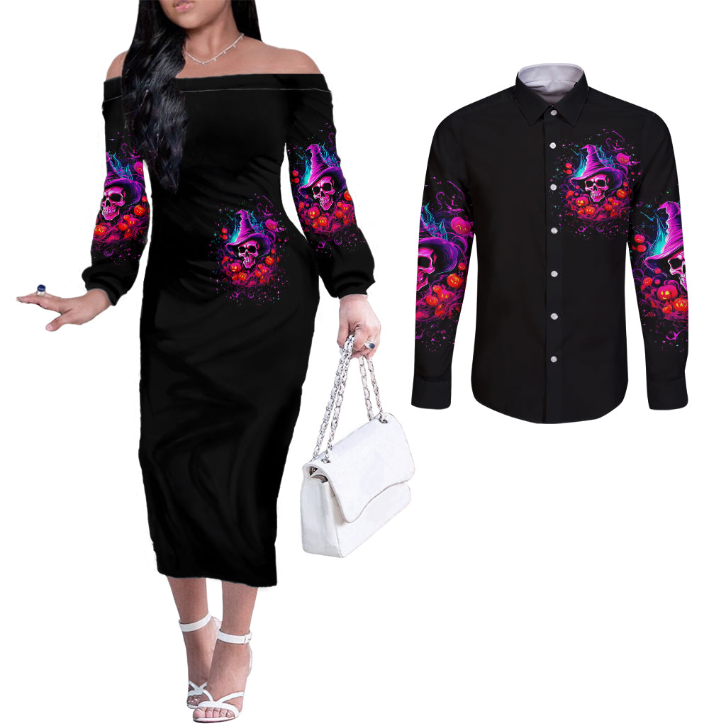 Witch Pumkin Skull Couples Matching Off The Shoulder Long Sleeve Dress and Long Sleeve Button Shirt Don't Try To Figure Me Out I'm A Special DT01
