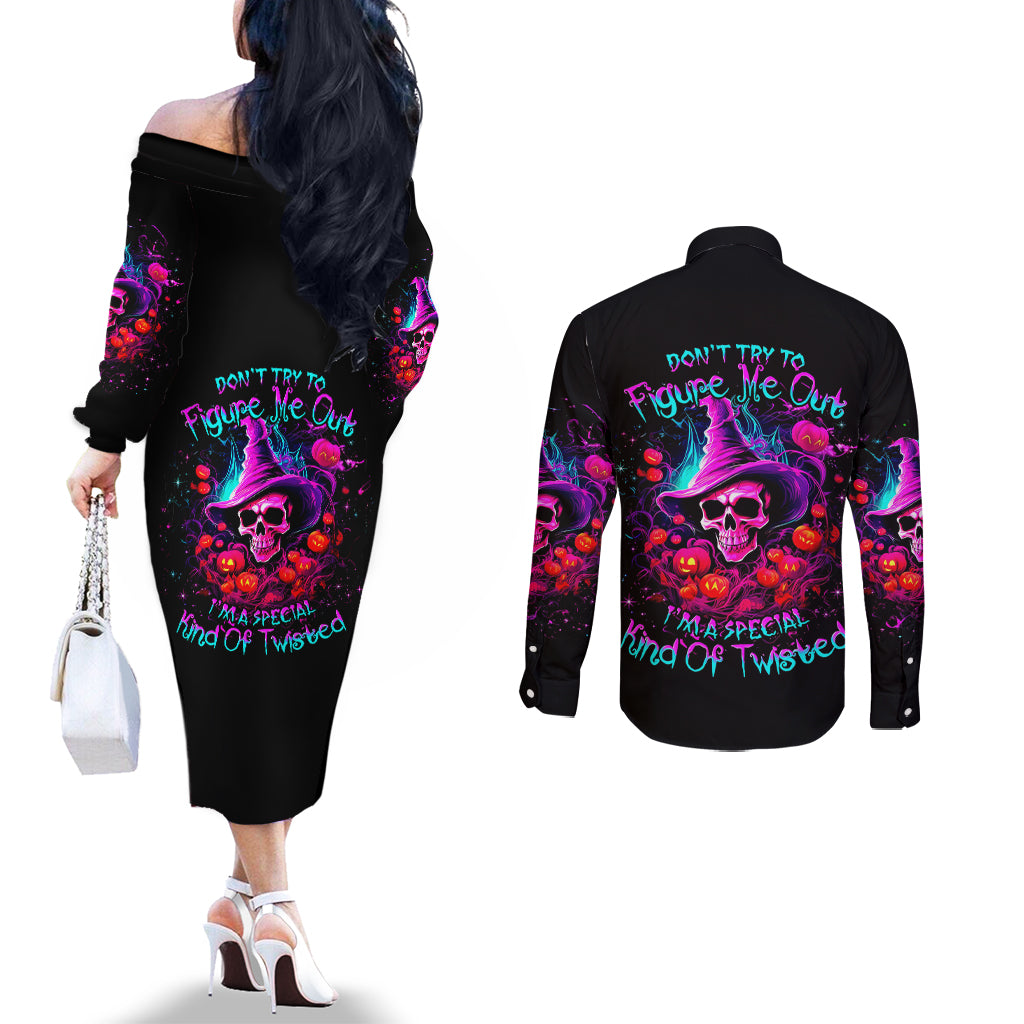 Witch Pumkin Skull Couples Matching Off The Shoulder Long Sleeve Dress and Long Sleeve Button Shirt Don't Try To Figure Me Out I'm A Special DT01