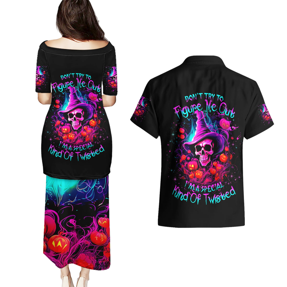 Witch Pumkin Skull Couples Matching Puletasi Dress and Hawaiian Shirt Don't Try To Figure Me Out I'm A Special - Wonder Print Shop