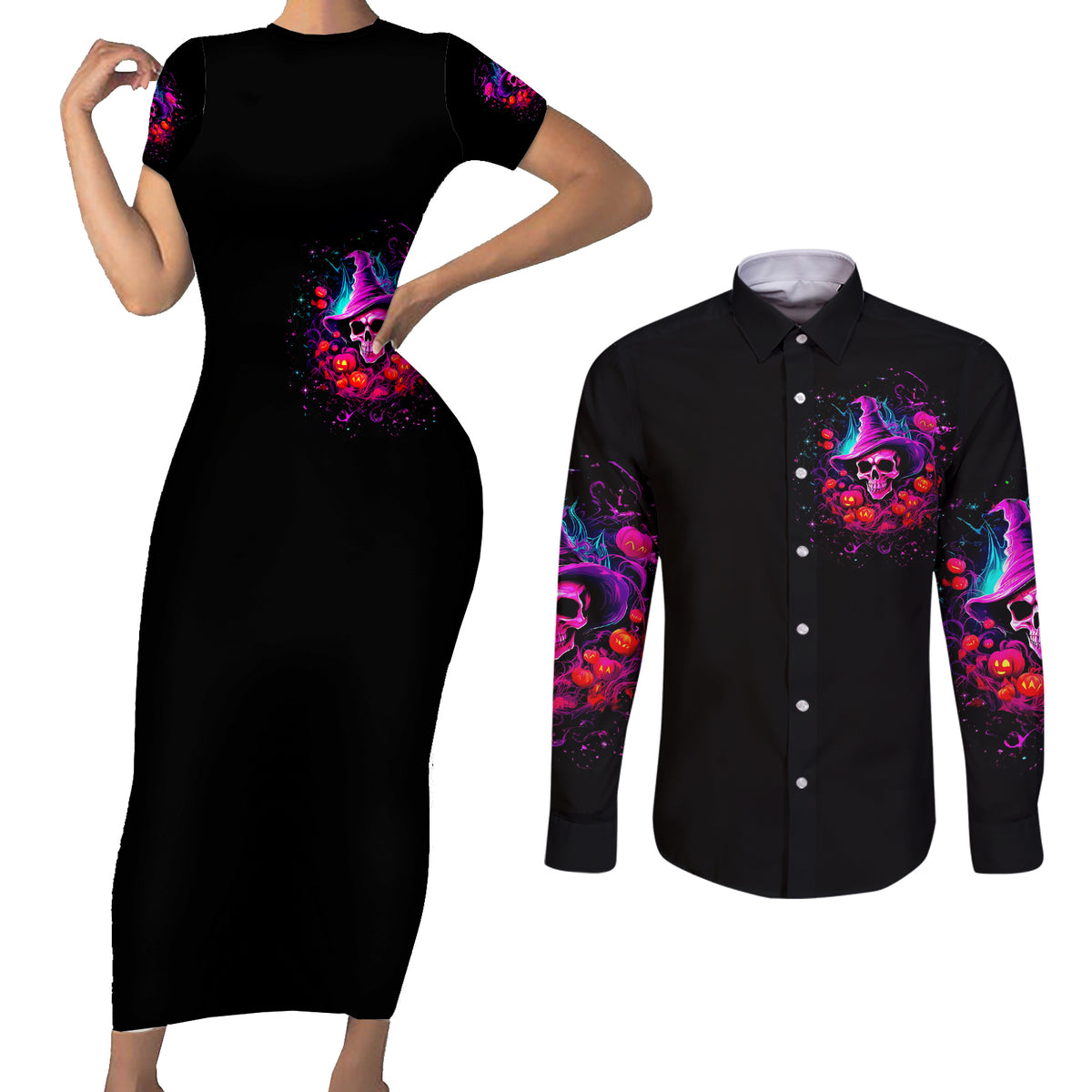 Witch Pumkin Skull Couples Matching Short Sleeve Bodycon Dress and Long Sleeve Button Shirt Don't Try To Figure Me Out I'm A Special - Wonder Print Shop