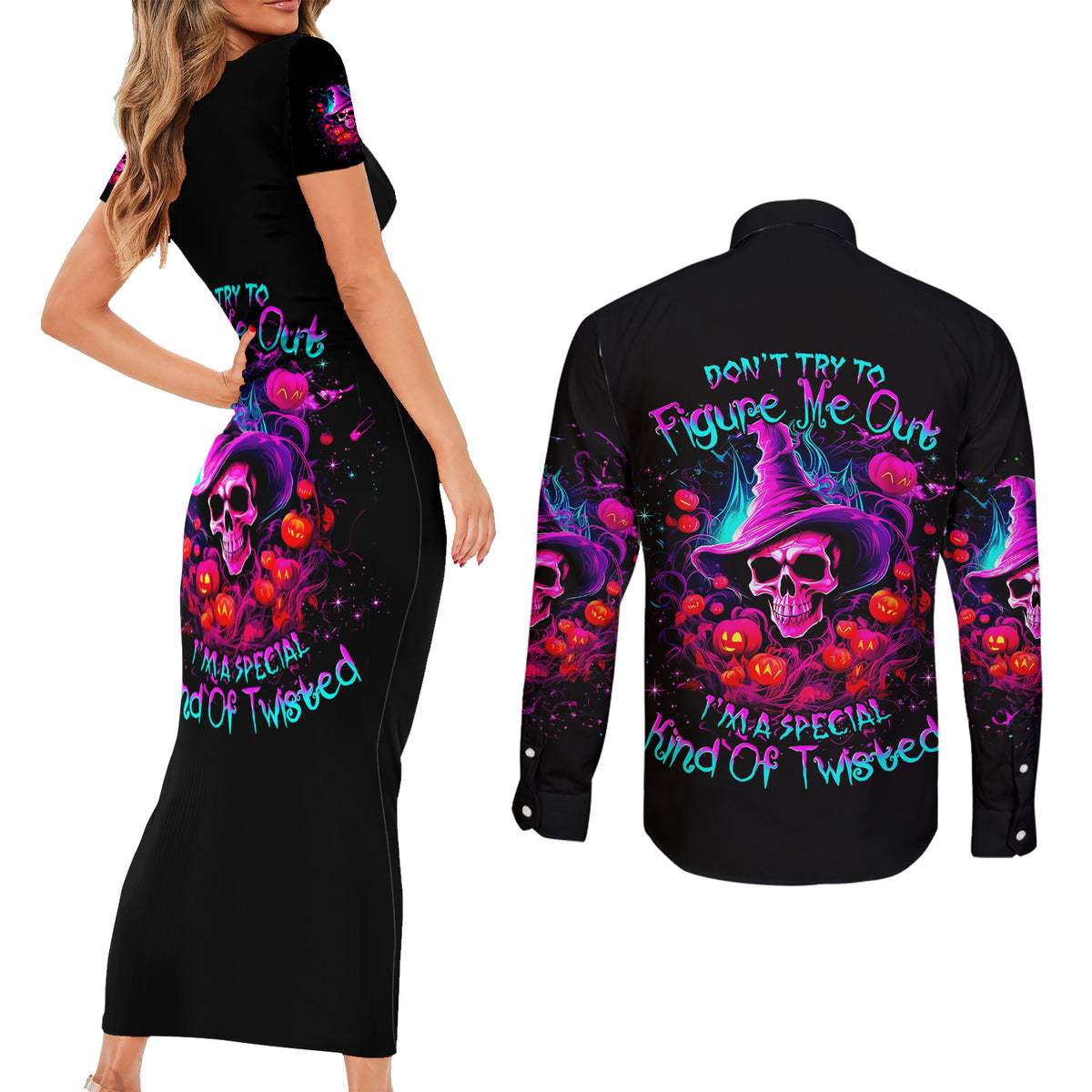 Witch Pumkin Skull Couples Matching Short Sleeve Bodycon Dress and Long Sleeve Button Shirt Don't Try To Figure Me Out I'm A Special - Wonder Print Shop