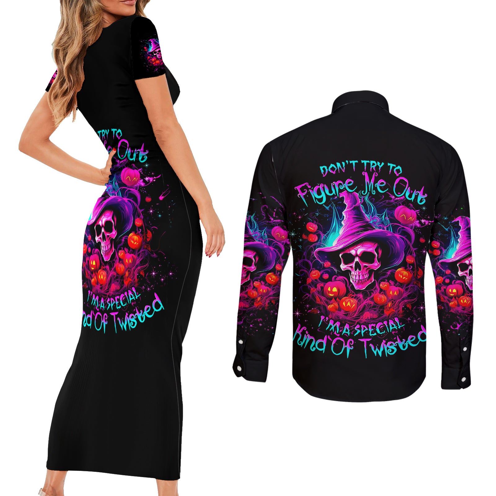 Witch Pumkin Skull Couples Matching Short Sleeve Bodycon Dress and Long Sleeve Button Shirt Don't Try To Figure Me Out I'm A Special - Wonder Print Shop