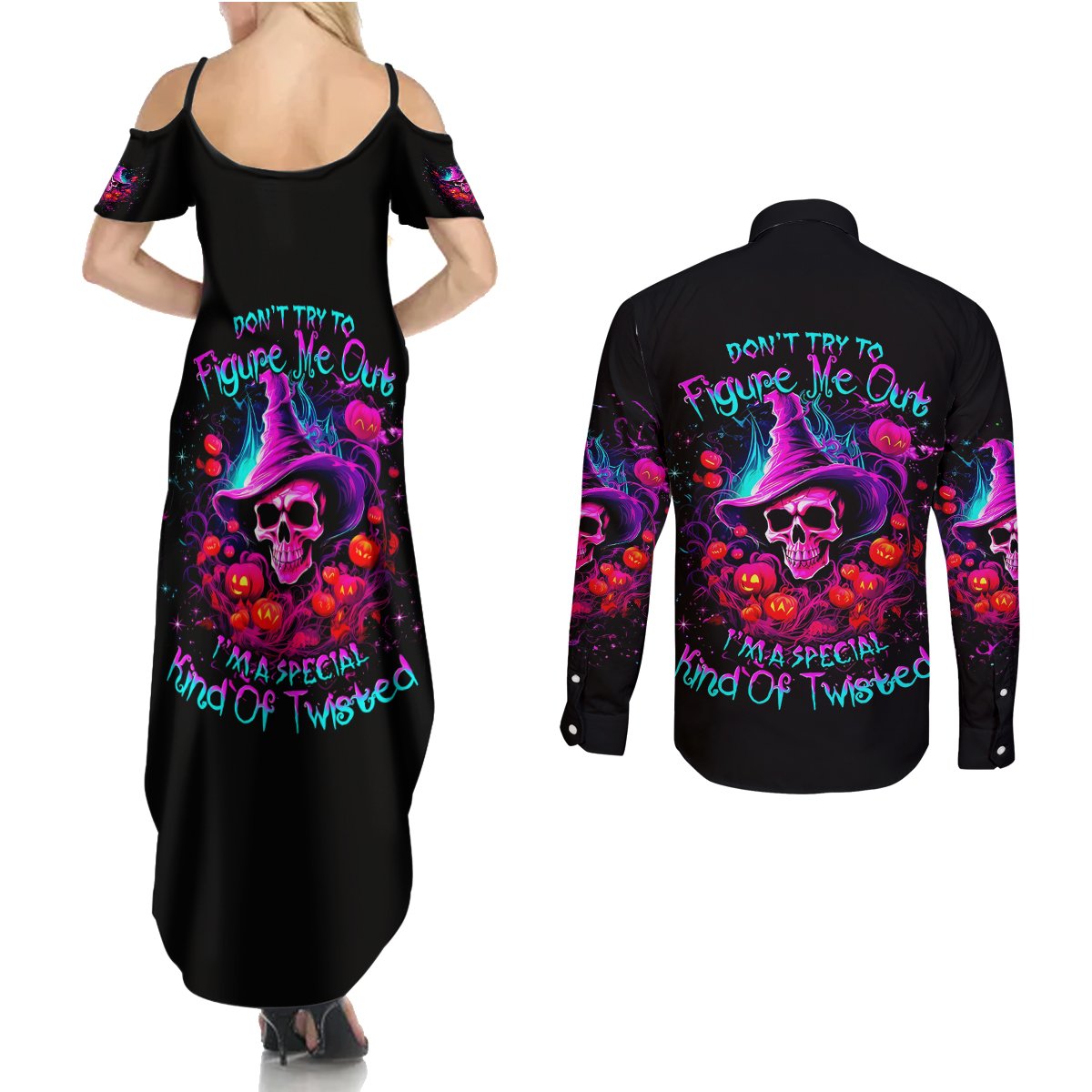 Witch Pumkin Skull Couples Matching Summer Maxi Dress and Long Sleeve Button Shirt Don't Try To Figure Me Out I'm A Special - Wonder Print Shop
