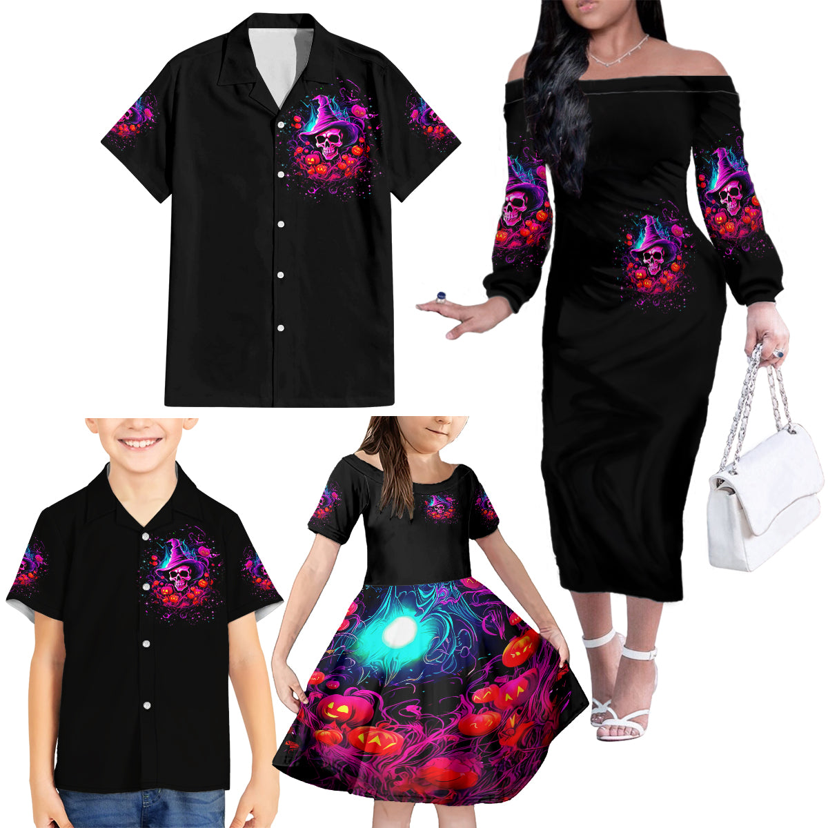 Witch Pumkin Skull Family Matching Off Shoulder Long Sleeve Dress and Hawaiian Shirt Don't Try To Figure Me Out I'm A Special - Wonder Print Shop