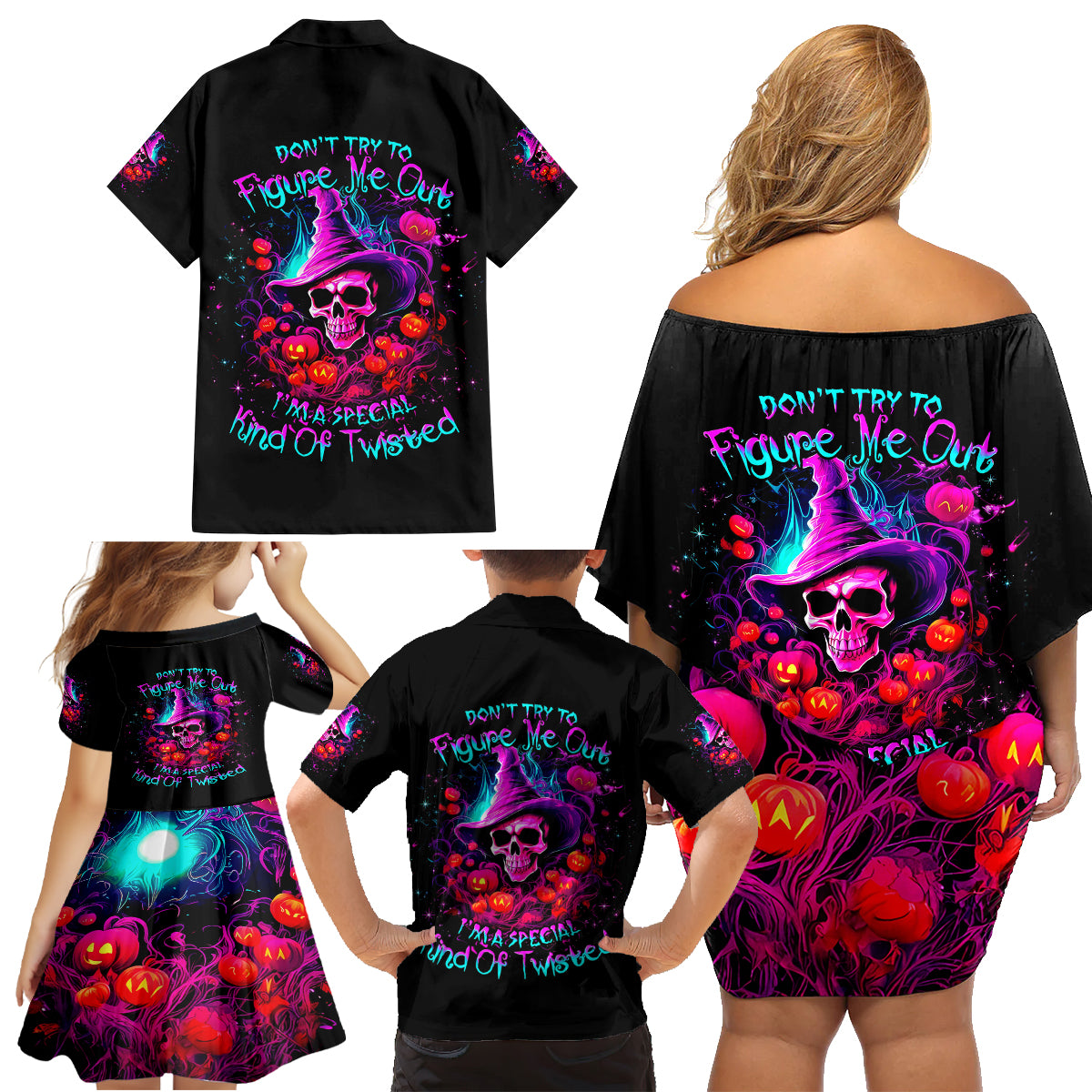 Witch Pumkin Skull Family Matching Off Shoulder Short Dress and Hawaiian Shirt Don't Try To Figure Me Out I'm A Special - Wonder Print Shop