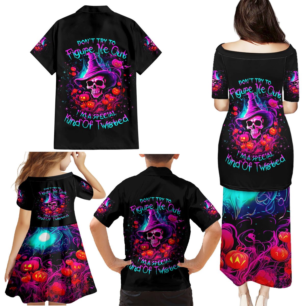 Witch Pumkin Skull Family Matching Puletasi Dress and Hawaiian Shirt Don't Try To Figure Me Out I'm A Special - Wonder Print Shop