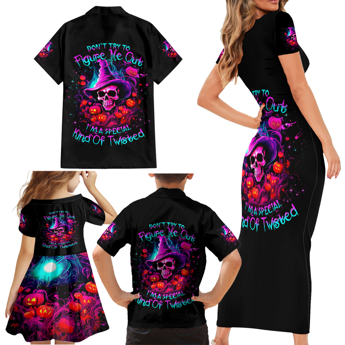 Witch Pumkin Skull Family Matching Short Sleeve Bodycon Dress and Hawaiian Shirt Don't Try To Figure Me Out I'm A Special - Wonder Print Shop