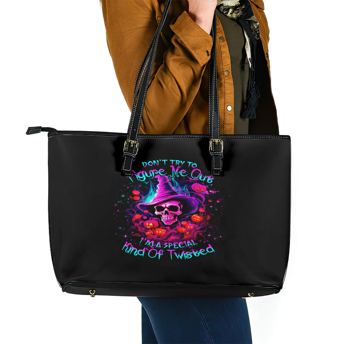 Witch Pumkin Skull Leather Tote Bag Don't Try To Figure Me Out I'm A Special - Wonder Print Shop