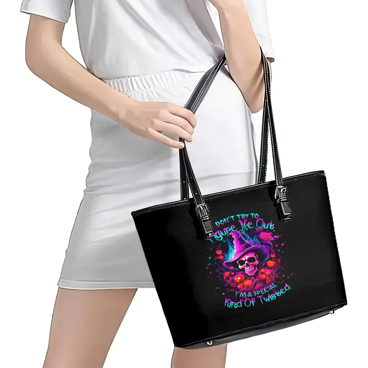 Witch Pumkin Skull Leather Tote Bag Don't Try To Figure Me Out I'm A Special - Wonder Print Shop