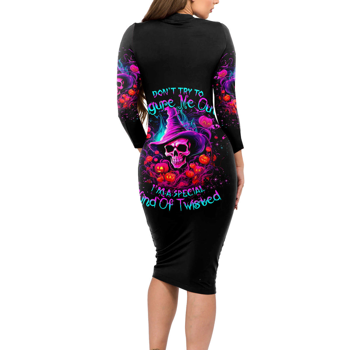 Witch Pumkin Skull Long Sleeve Bodycon Dress Don't Try To Figure Me Out I'm A Special - Wonder Print Shop