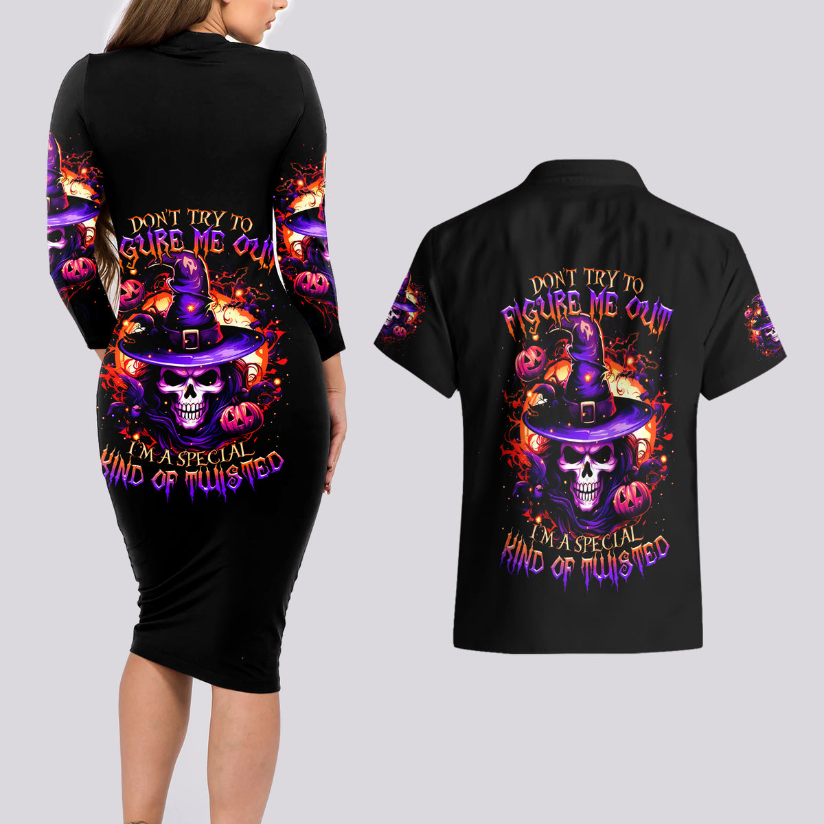 Wizard Skull Halloween Couples Matching Long Sleeve Bodycon Dress and Hawaiian Shirt Don't Try To Figure Me Out I'm A Special - Wonder Print Shop