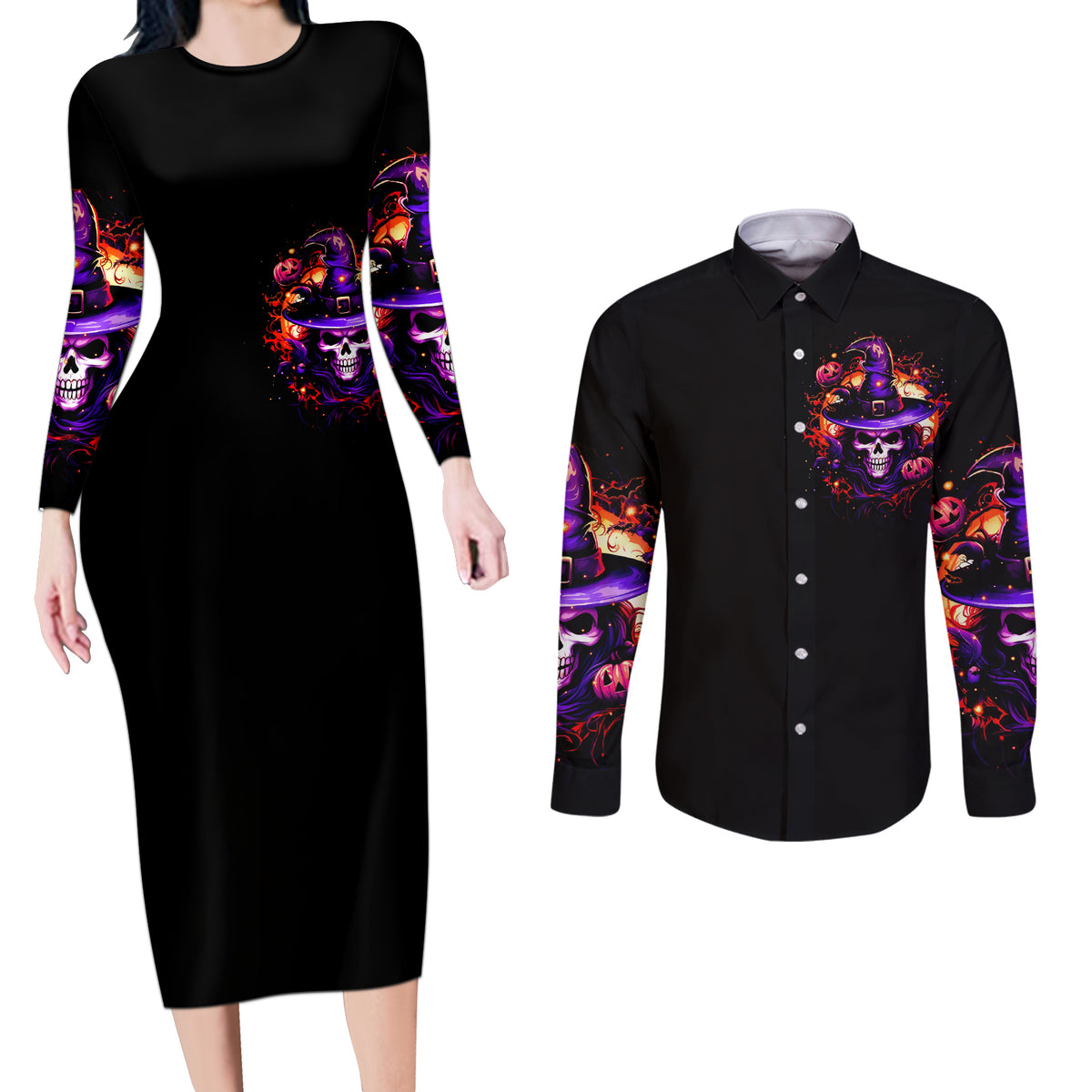 Wizard Skull Halloween Couples Matching Long Sleeve Bodycon Dress and Long Sleeve Button Shirt Don't Try To Figure Me Out I'm A Special - Wonder Print Shop
