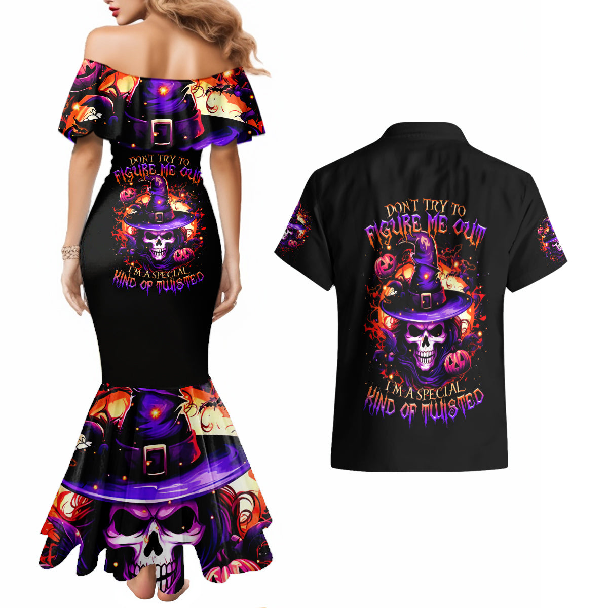 Wizard Skull Halloween Couples Matching Mermaid Dress and Hawaiian Shirt Don't Try To Figure Me Out I'm A Special - Wonder Print Shop
