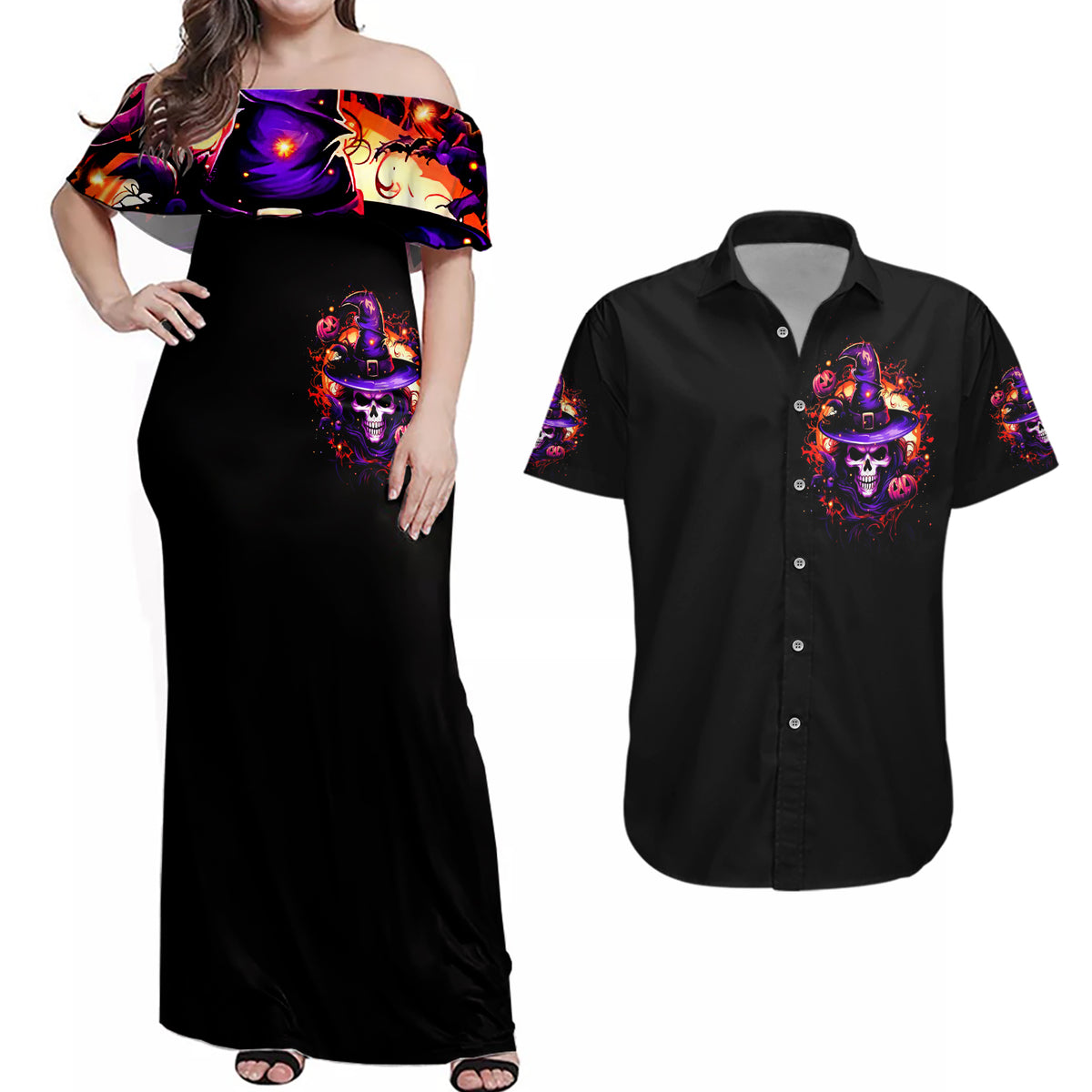 Wizard Skull Halloween Couples Matching Off Shoulder Maxi Dress and Hawaiian Shirt Don't Try To Figure Me Out I'm A Special - Wonder Print Shop
