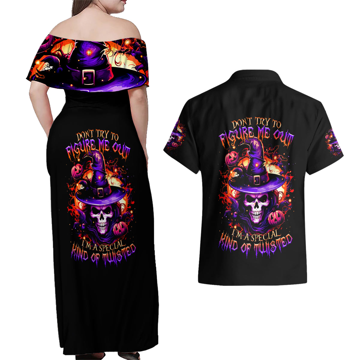 Wizard Skull Halloween Couples Matching Off Shoulder Maxi Dress and Hawaiian Shirt Don't Try To Figure Me Out I'm A Special - Wonder Print Shop