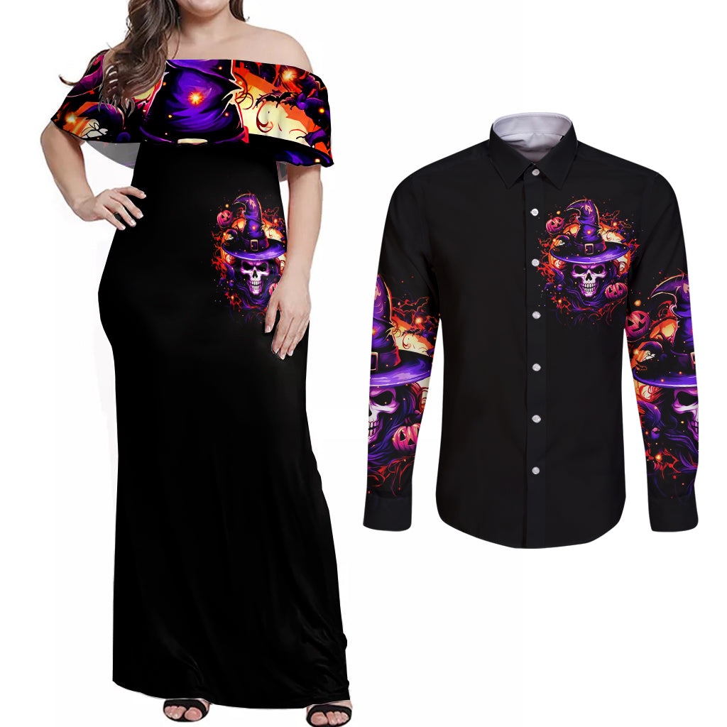 Wizard Skull Halloween Couples Matching Off Shoulder Maxi Dress and Long Sleeve Button Shirt Don't Try To Figure Me Out I'm A Special - Wonder Print Shop