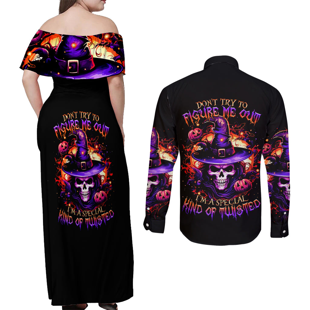 Wizard Skull Halloween Couples Matching Off Shoulder Maxi Dress and Long Sleeve Button Shirt Don't Try To Figure Me Out I'm A Special - Wonder Print Shop