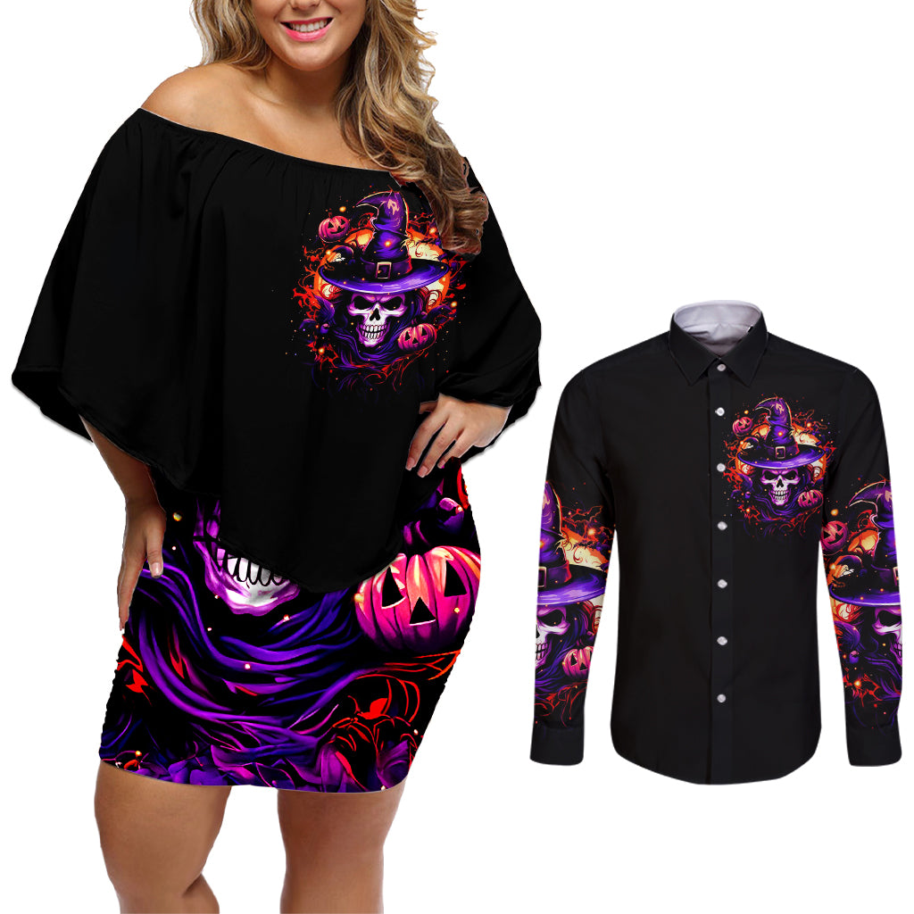 Wizard Skull Halloween Couples Matching Off Shoulder Short Dress and Long Sleeve Button Shirt Don't Try To Figure Me Out I'm A Special - Wonder Print Shop