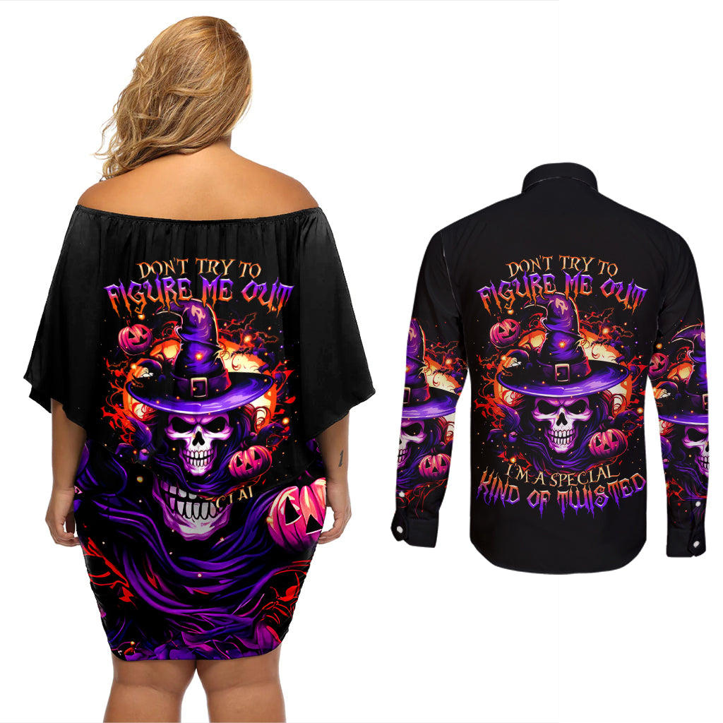 Wizard Skull Halloween Couples Matching Off Shoulder Short Dress and Long Sleeve Button Shirt Don't Try To Figure Me Out I'm A Special - Wonder Print Shop
