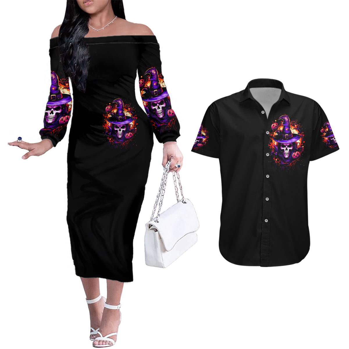 Wizard Skull Halloween Couples Matching Off The Shoulder Long Sleeve Dress and Hawaiian Shirt Don't Try To Figure Me Out I'm A Special - Wonder Print Shop