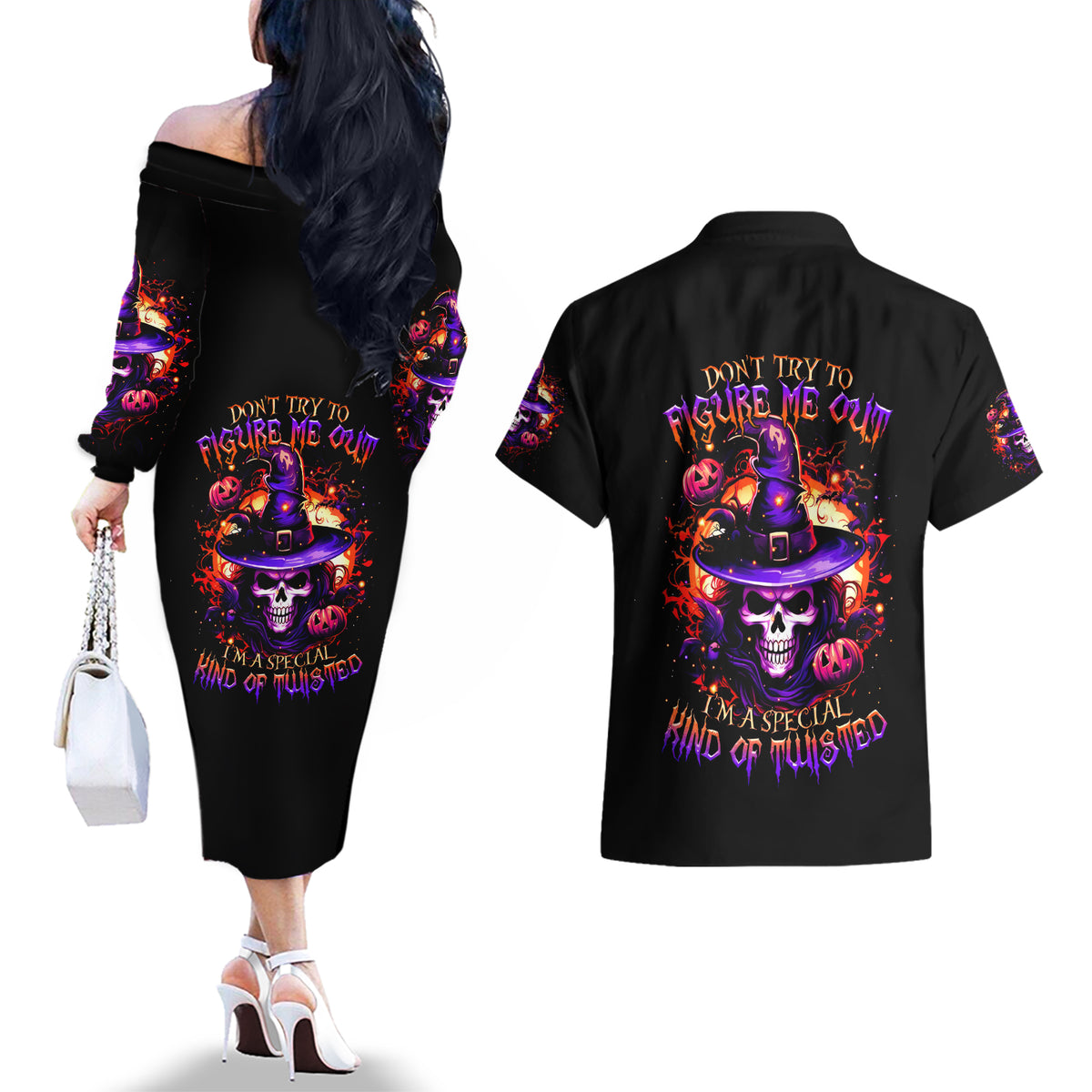 Wizard Skull Halloween Couples Matching Off The Shoulder Long Sleeve Dress and Hawaiian Shirt Don't Try To Figure Me Out I'm A Special - Wonder Print Shop
