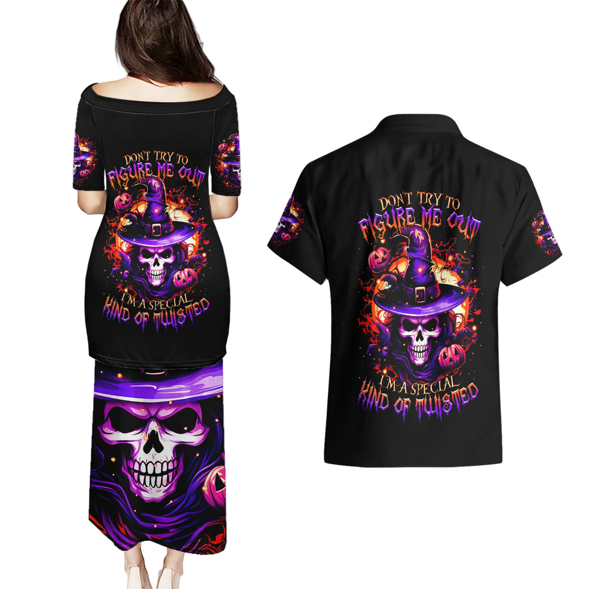 Wizard Skull Halloween Couples Matching Puletasi Dress and Hawaiian Shirt Don't Try To Figure Me Out I'm A Special - Wonder Print Shop