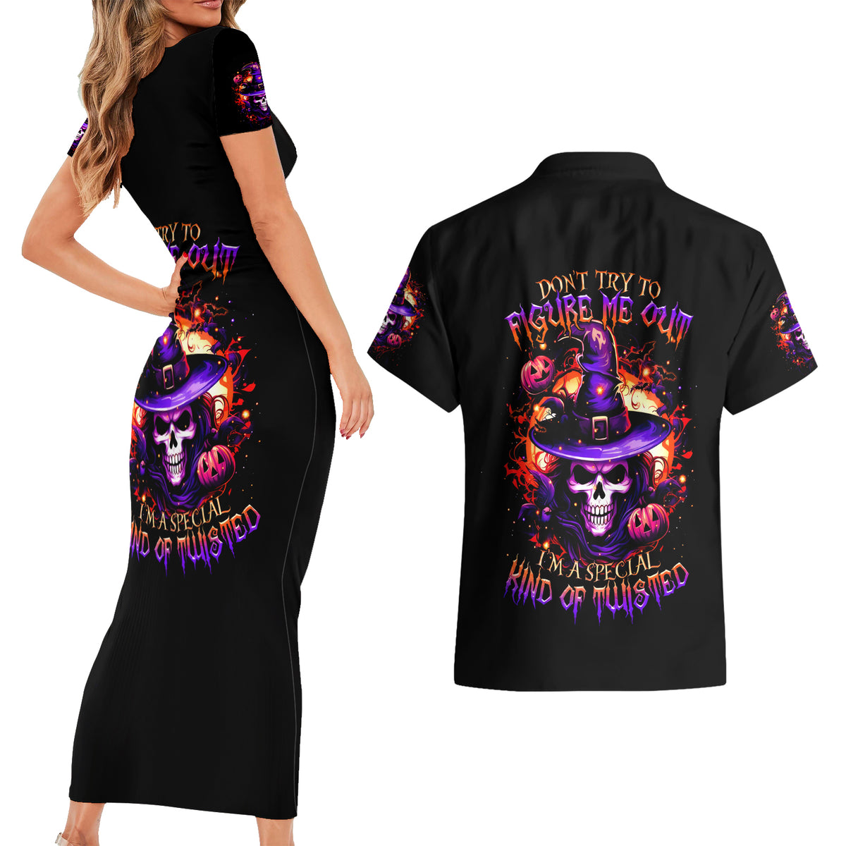 Wizard Skull Halloween Couples Matching Short Sleeve Bodycon Dress and Hawaiian Shirt Don't Try To Figure Me Out I'm A Special - Wonder Print Shop