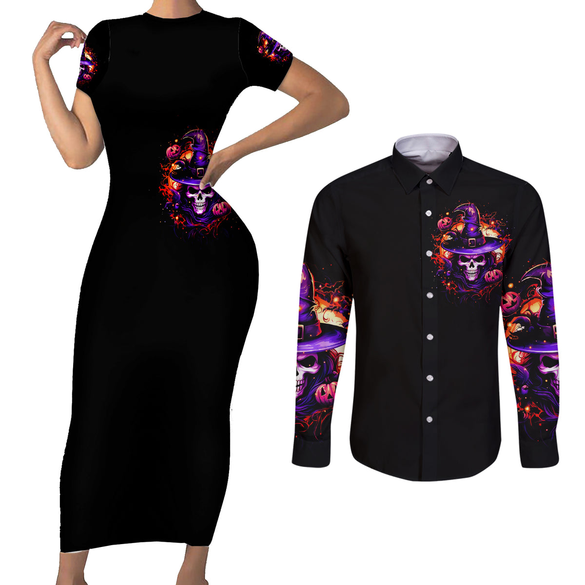 Wizard Skull Halloween Couples Matching Short Sleeve Bodycon Dress and Long Sleeve Button Shirt Don't Try To Figure Me Out I'm A Special - Wonder Print Shop