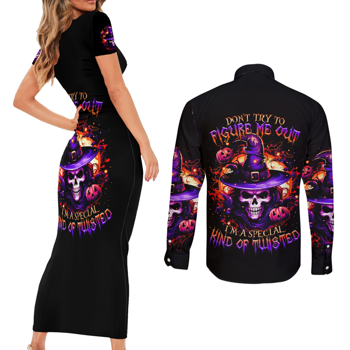 Wizard Skull Halloween Couples Matching Short Sleeve Bodycon Dress and Long Sleeve Button Shirt Don't Try To Figure Me Out I'm A Special - Wonder Print Shop
