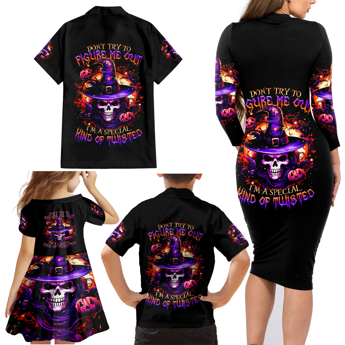 Wizard Skull Halloween Family Matching Long Sleeve Bodycon Dress and Hawaiian Shirt Don't Try To Figure Me Out I'm A Special - Wonder Print Shop
