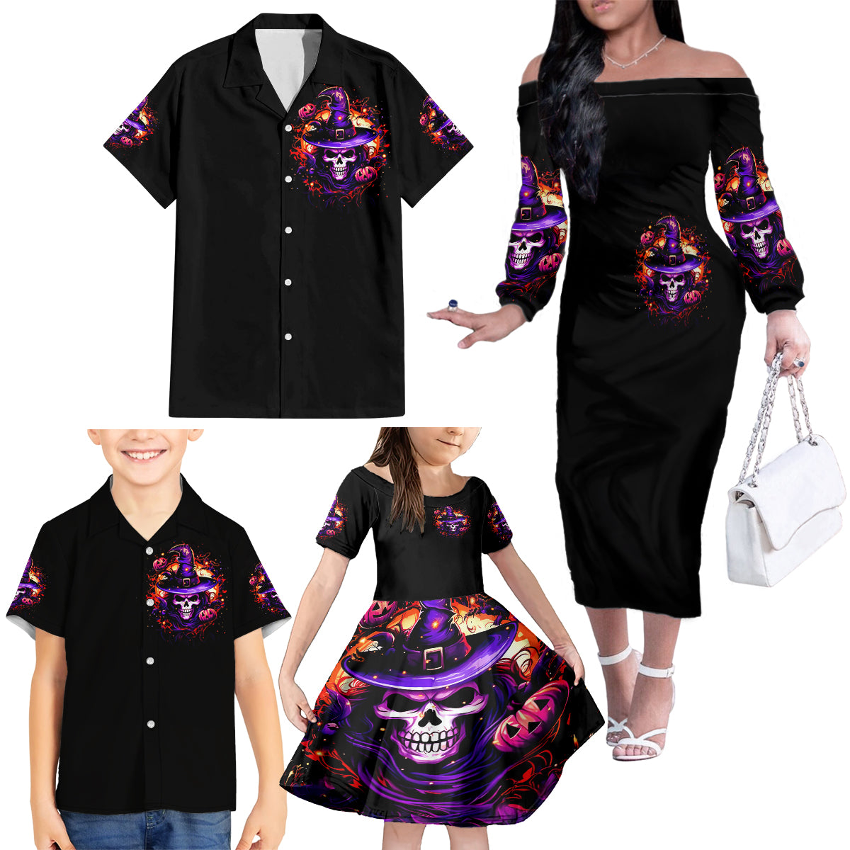 Wizard Skull Halloween Family Matching Off Shoulder Long Sleeve Dress and Hawaiian Shirt Don't Try To Figure Me Out I'm A Special - Wonder Print Shop