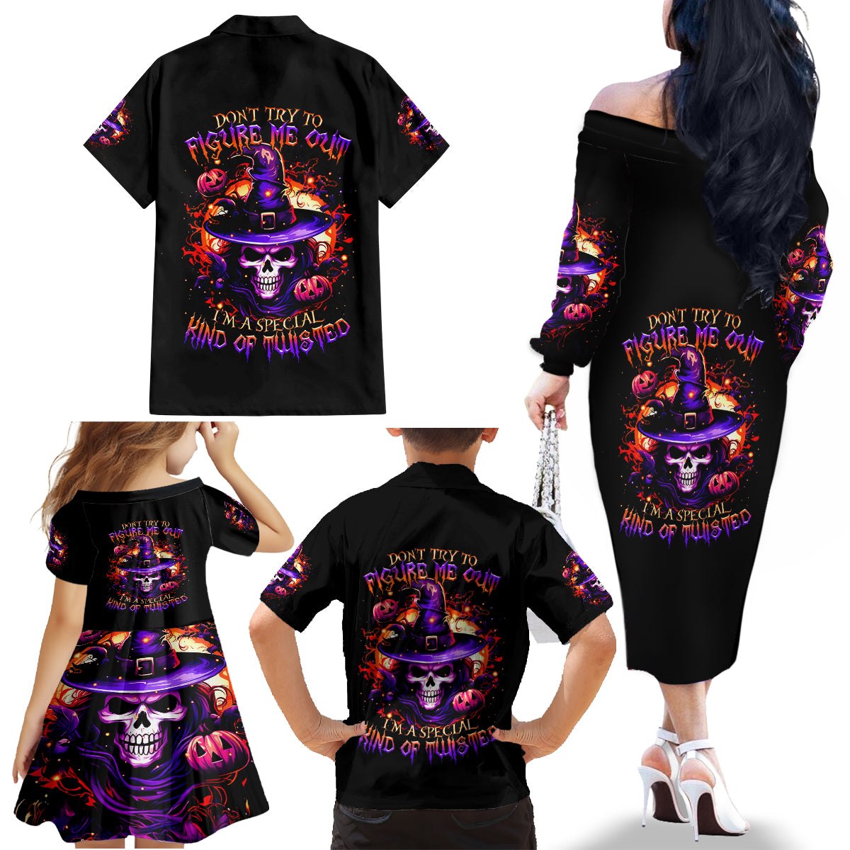 Wizard Skull Halloween Family Matching Off Shoulder Long Sleeve Dress and Hawaiian Shirt Don't Try To Figure Me Out I'm A Special - Wonder Print Shop