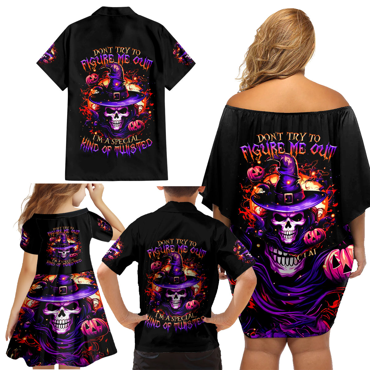 Wizard Skull Halloween Family Matching Off Shoulder Short Dress and Hawaiian Shirt Don't Try To Figure Me Out I'm A Special - Wonder Print Shop