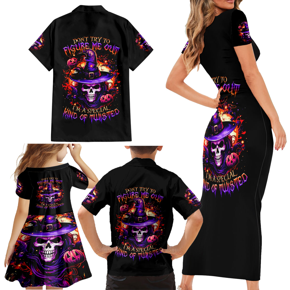 Wizard Skull Halloween Family Matching Short Sleeve Bodycon Dress and Hawaiian Shirt Don't Try To Figure Me Out I'm A Special - Wonder Print Shop