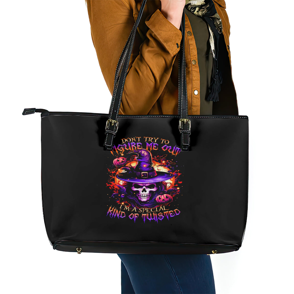 Wizard Skull Halloween Leather Tote Bag Don't Try To Figure Me Out I'm A Special - Wonder Print Shop