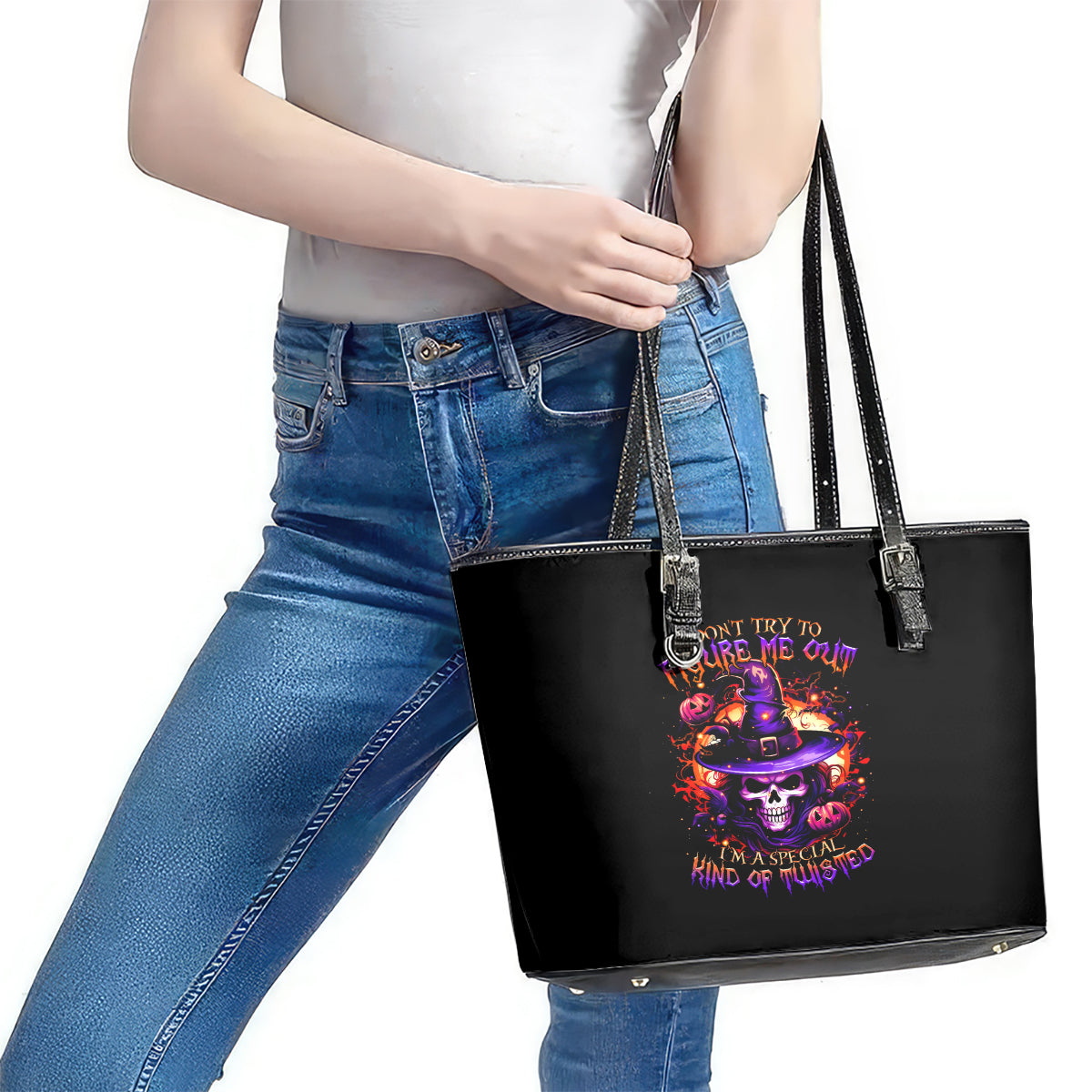Wizard Skull Halloween Leather Tote Bag Don't Try To Figure Me Out I'm A Special - Wonder Print Shop