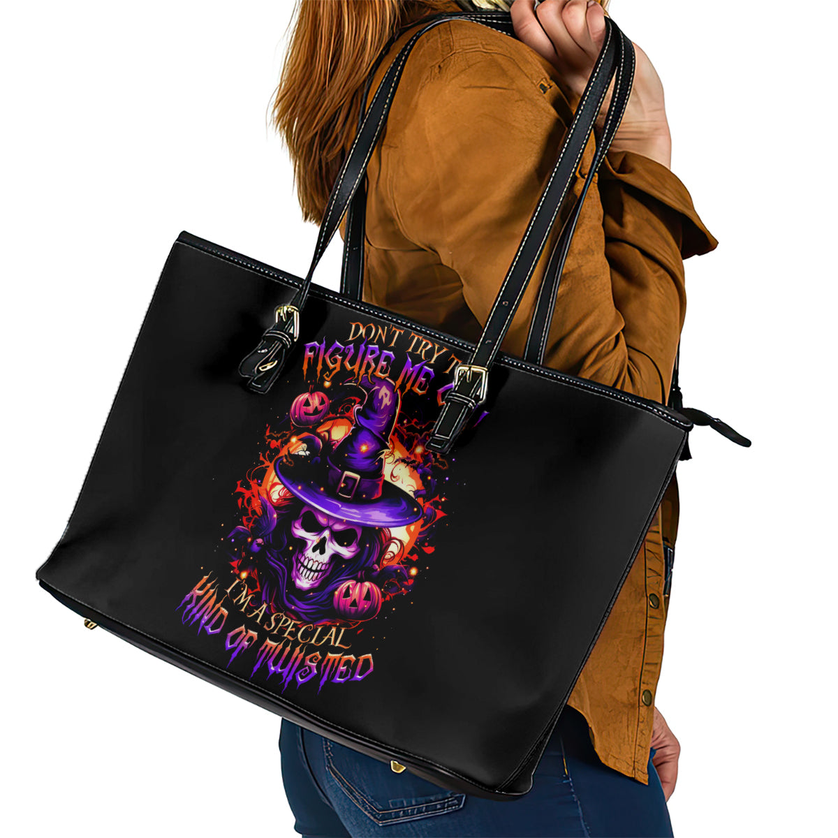 Wizard Skull Halloween Leather Tote Bag Don't Try To Figure Me Out I'm A Special - Wonder Print Shop