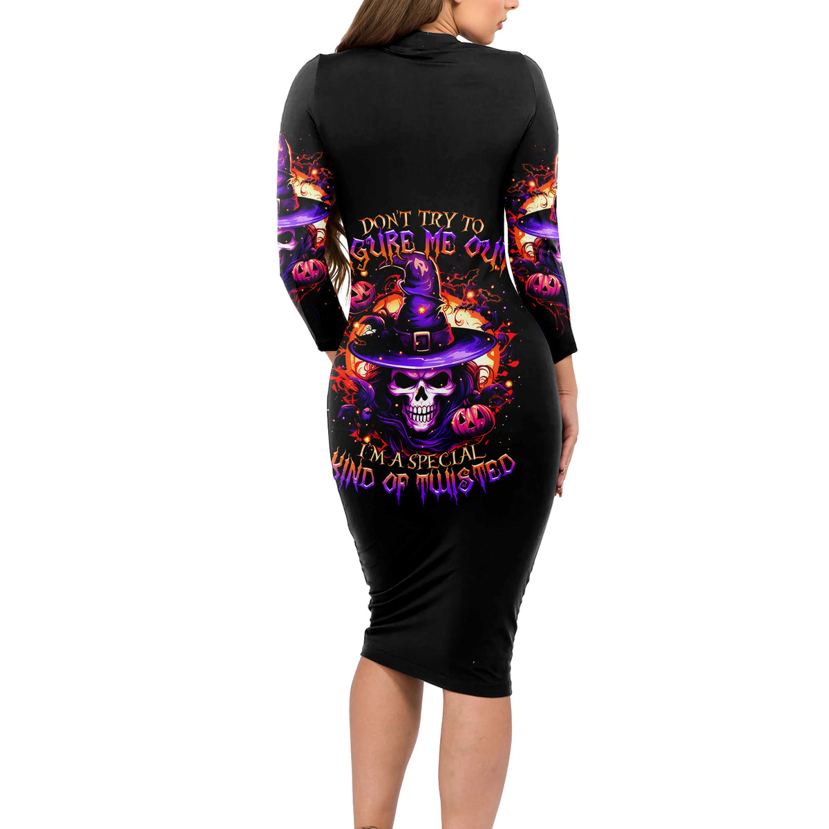 Wizard Skull Halloween Long Sleeve Bodycon Dress Don't Try To Figure Me Out I'm A Special - Wonder Print Shop