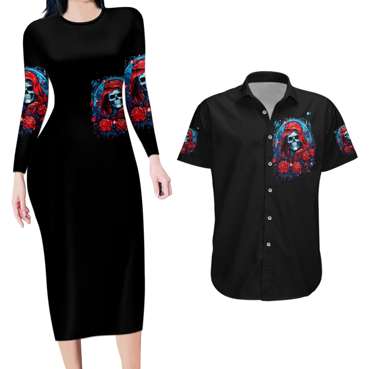 Lady Skull Couples Matching Long Sleeve Bodycon Dress and Hawaiian Shirt They Ask You To Be Yourself And Yet They Judge You - Wonder Print Shop