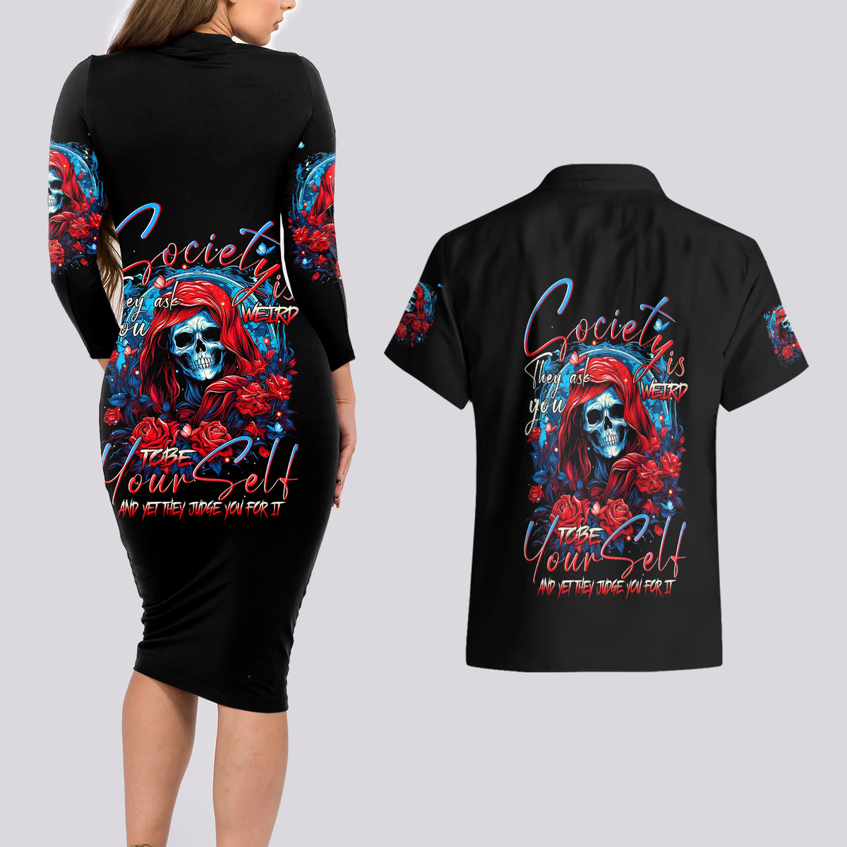 Lady Skull Couples Matching Long Sleeve Bodycon Dress and Hawaiian Shirt They Ask You To Be Yourself And Yet They Judge You - Wonder Print Shop