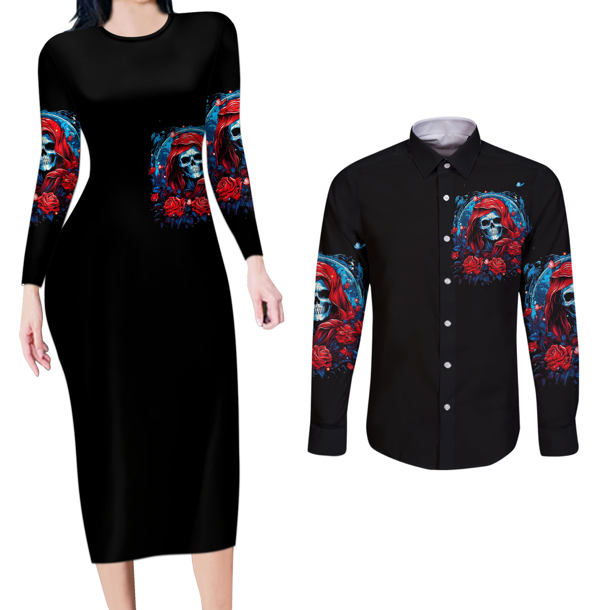 Lady Skull Couples Matching Long Sleeve Bodycon Dress and Long Sleeve Button Shirt They Ask You To Be Yourself And Yet They Judge You - Wonder Print Shop