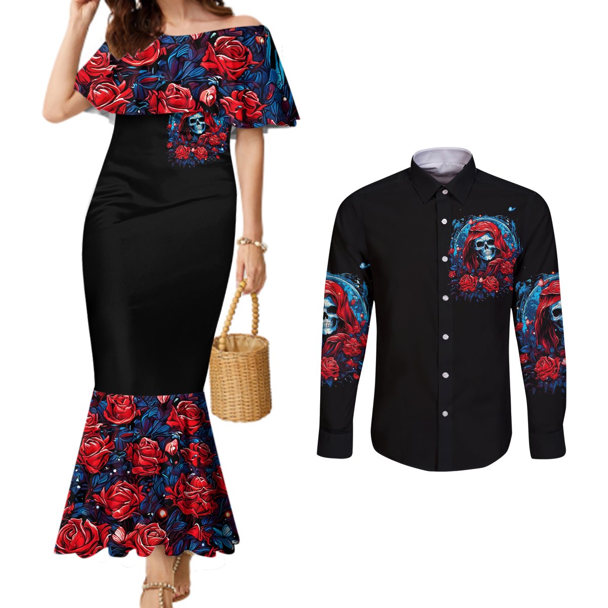 Lady Skull Couples Matching Mermaid Dress and Long Sleeve Button Shirt They Ask You To Be Yourself And Yet They Judge You DT01