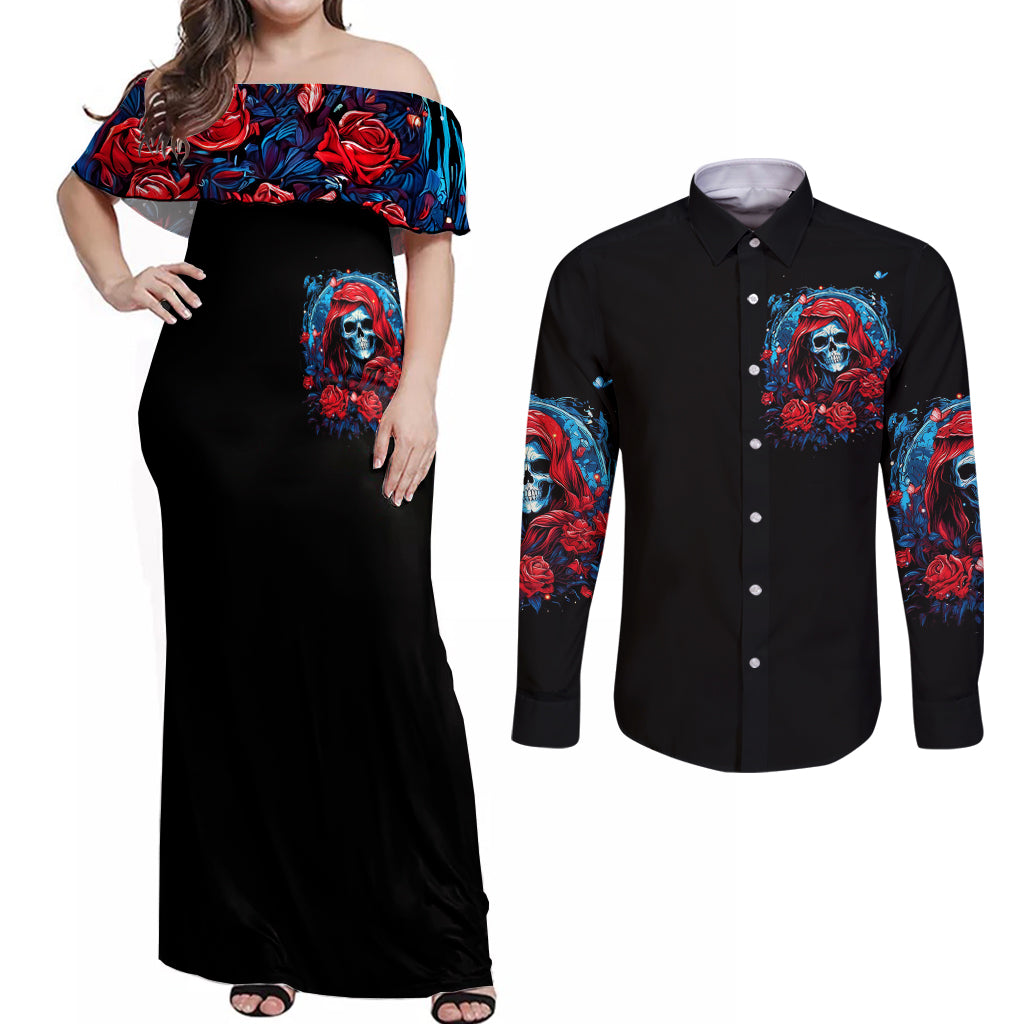 Lady Skull Couples Matching Off Shoulder Maxi Dress and Long Sleeve Button Shirt They Ask You To Be Yourself And Yet They Judge You - Wonder Print Shop