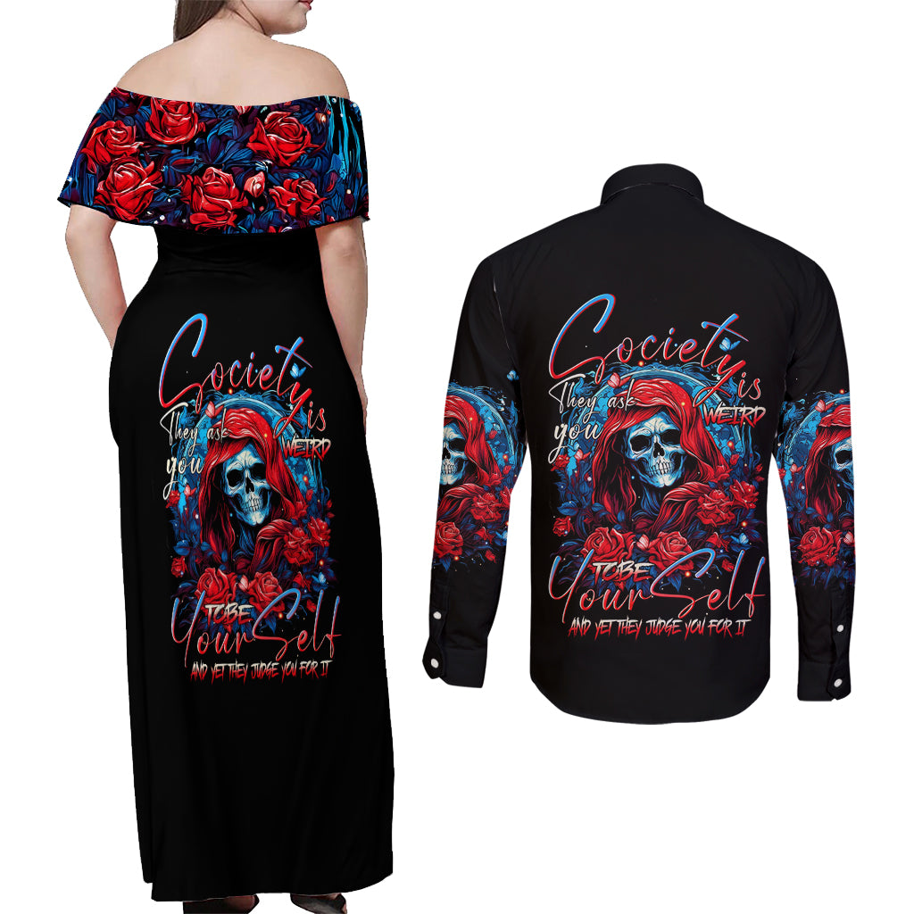 Lady Skull Couples Matching Off Shoulder Maxi Dress and Long Sleeve Button Shirt They Ask You To Be Yourself And Yet They Judge You - Wonder Print Shop