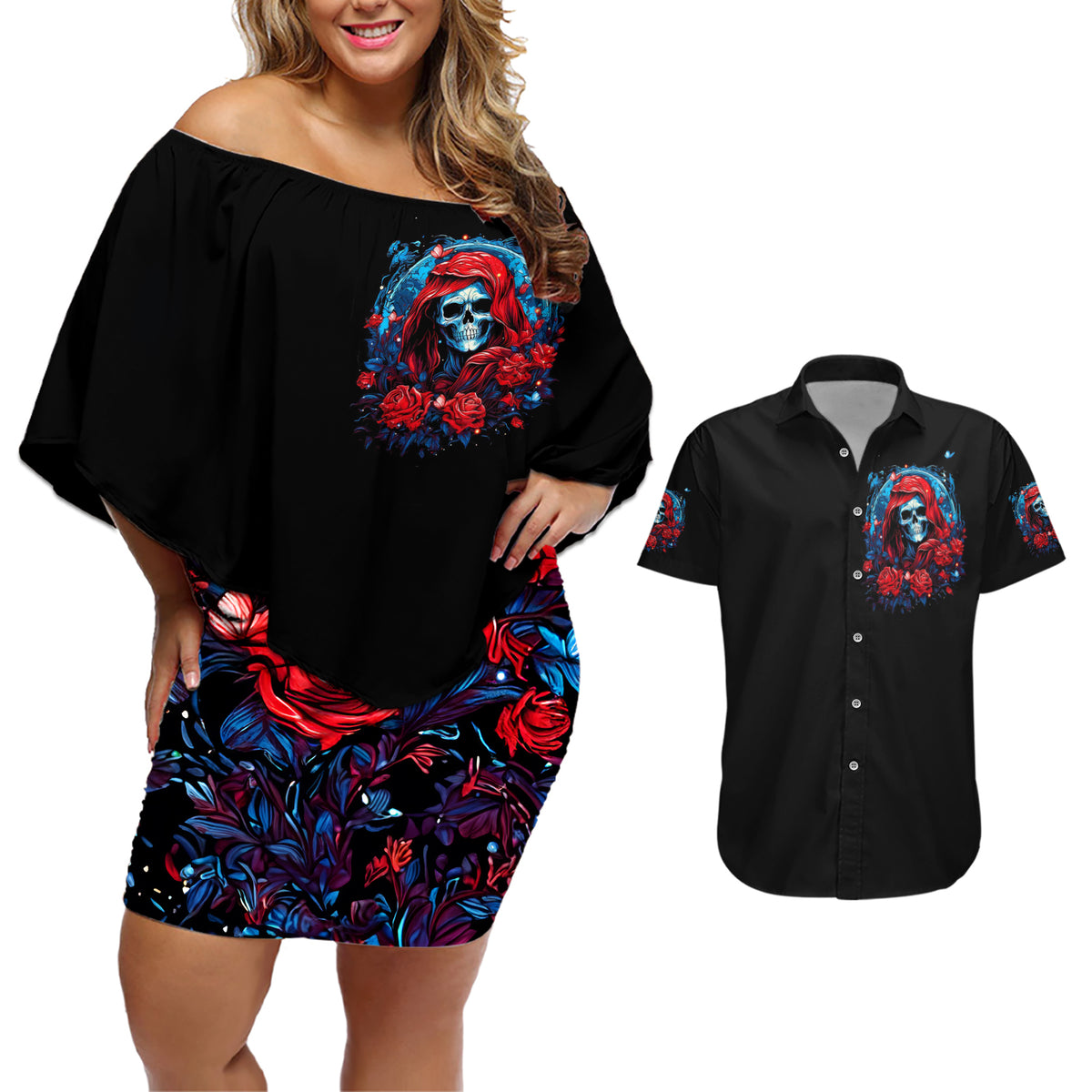 Lady Skull Couples Matching Off Shoulder Short Dress and Hawaiian Shirt They Ask You To Be Yourself And Yet They Judge You - Wonder Print Shop