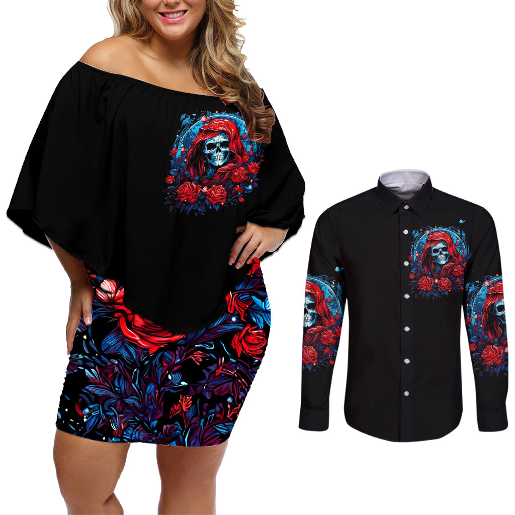 Lady Skull Couples Matching Off Shoulder Short Dress and Long Sleeve Button Shirt They Ask You To Be Yourself And Yet They Judge You - Wonder Print Shop