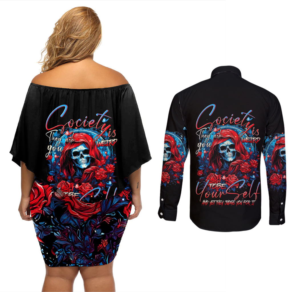 Lady Skull Couples Matching Off Shoulder Short Dress and Long Sleeve Button Shirt They Ask You To Be Yourself And Yet They Judge You - Wonder Print Shop