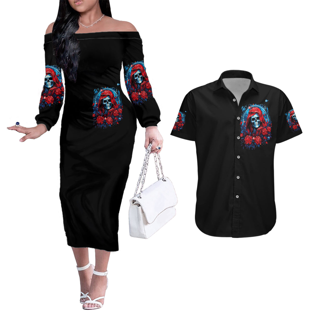 Lady Skull Couples Matching Off The Shoulder Long Sleeve Dress and Hawaiian Shirt They Ask You To Be Yourself And Yet They Judge You - Wonder Print Shop